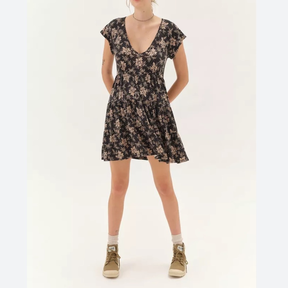 Urban Outfitters Julia Tiered Frock Floral Black Tan Mini Dress XS Super Soft